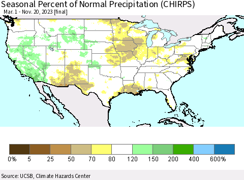 United States Seasonal Percent of Normal Precipitation (CHIRPS) Thematic Map For 3/1/2023 - 11/20/2023