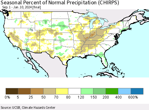 United States Seasonal Percent of Normal Precipitation (CHIRPS) Thematic Map For 9/1/2023 - 1/10/2024