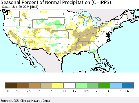 United States Seasonal Percent of Normal Precipitation (CHIRPS) Thematic Map For 9/1/2023 - 1/20/2024