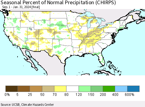 United States Seasonal Percent of Normal Precipitation (CHIRPS) Thematic Map For 9/1/2023 - 1/31/2024