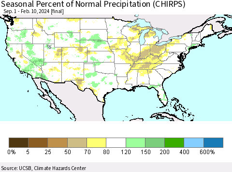 United States Seasonal Percent of Normal Precipitation (CHIRPS) Thematic Map For 9/1/2023 - 2/10/2024
