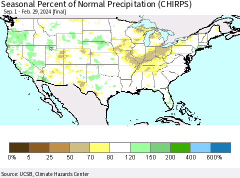 United States Seasonal Percent of Normal Precipitation (CHIRPS) Thematic Map For 9/1/2023 - 2/29/2024