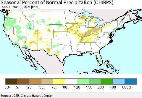 United States Seasonal Percent of Normal Precipitation (CHIRPS) Thematic Map For 9/1/2023 - 3/10/2024