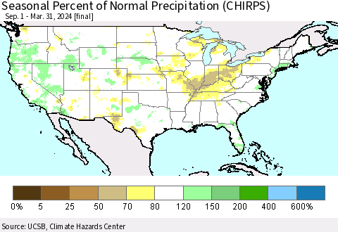 United States Seasonal Percent of Normal Precipitation (CHIRPS) Thematic Map For 9/1/2023 - 3/31/2024