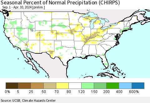 United States Seasonal Percent of Normal Precipitation (CHIRPS) Thematic Map For 9/1/2023 - 4/10/2024
