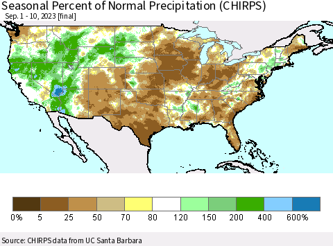 United States Seasonal Percent of Normal Precipitation (CHIRPS) Thematic Map For 9/1/2023 - 9/10/2023