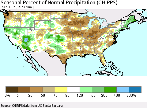 United States Seasonal Percent of Normal Precipitation (CHIRPS) Thematic Map For 9/1/2023 - 9/20/2023