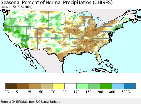 United States Seasonal Percent of Normal Precipitation (CHIRPS) Thematic Map For 9/1/2023 - 9/30/2023