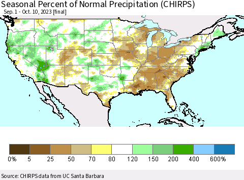 United States Seasonal Percent of Normal Precipitation (CHIRPS) Thematic Map For 9/1/2023 - 10/10/2023