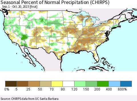United States Seasonal Percent of Normal Precipitation (CHIRPS) Thematic Map For 9/1/2023 - 10/20/2023