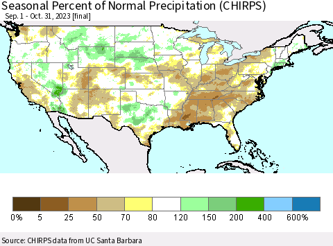 United States Seasonal Percent of Normal Precipitation (CHIRPS) Thematic Map For 9/1/2023 - 10/31/2023