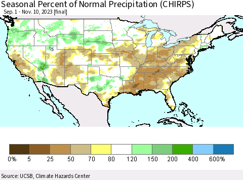 United States Seasonal Percent of Normal Precipitation (CHIRPS) Thematic Map For 9/1/2023 - 11/10/2023