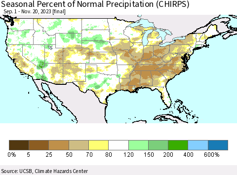 United States Seasonal Percent of Normal Precipitation (CHIRPS) Thematic Map For 9/1/2023 - 11/20/2023