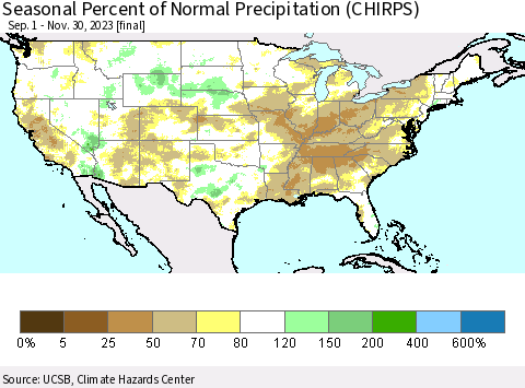 United States Seasonal Percent of Normal Precipitation (CHIRPS) Thematic Map For 9/1/2023 - 11/30/2023