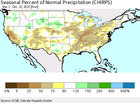 United States Seasonal Percent of Normal Precipitation (CHIRPS) Thematic Map For 9/1/2023 - 12/10/2023
