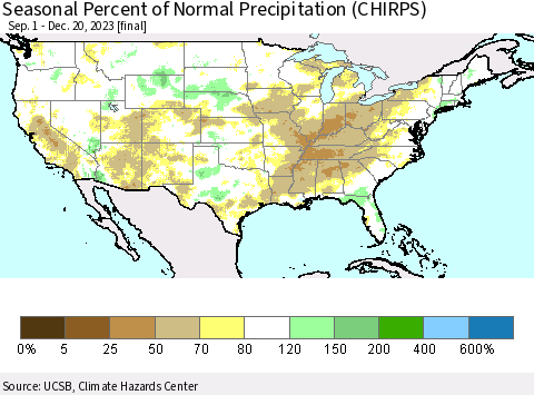 United States Seasonal Percent of Normal Precipitation (CHIRPS) Thematic Map For 9/1/2023 - 12/20/2023