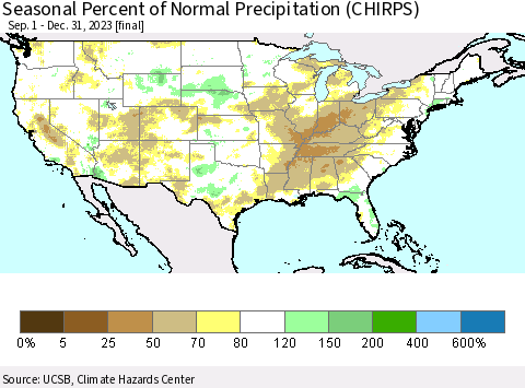 United States Seasonal Percent of Normal Precipitation (CHIRPS) Thematic Map For 9/1/2023 - 12/31/2023