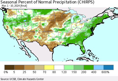 United States Seasonal Percent of Normal Precipitation (CHIRPS) Thematic Map For 3/1/2024 - 3/10/2024
