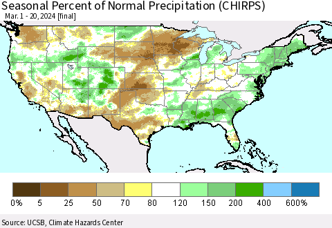 United States Seasonal Percent of Normal Precipitation (CHIRPS) Thematic Map For 3/1/2024 - 3/20/2024