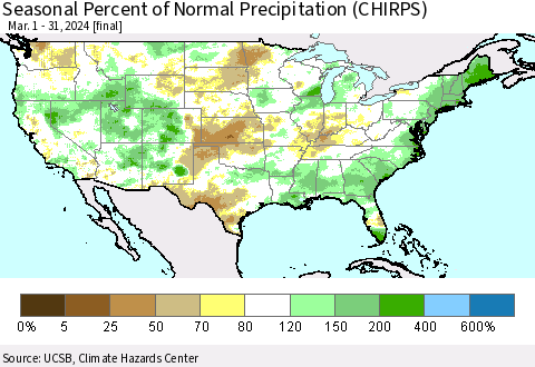 United States Seasonal Percent of Normal Precipitation (CHIRPS) Thematic Map For 3/1/2024 - 3/31/2024