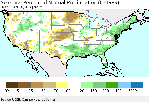 United States Seasonal Percent of Normal Precipitation (CHIRPS) Thematic Map For 3/1/2024 - 4/10/2024