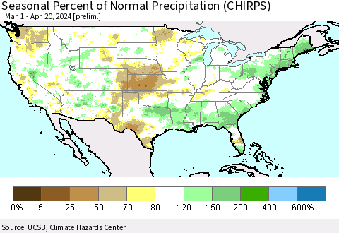 United States Seasonal Percent of Normal Precipitation (CHIRPS) Thematic Map For 3/1/2024 - 4/20/2024