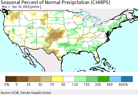 United States Seasonal Percent of Normal Precipitation (CHIRPS) Thematic Map For 3/1/2024 - 4/30/2024