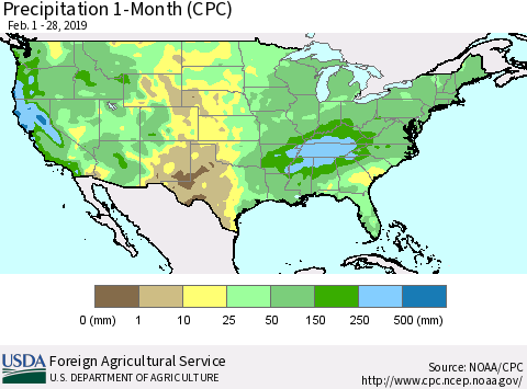 United States Precipitation 1-Month (CPC) Thematic Map For 2/1/2019 - 2/28/2019