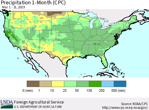 United States Precipitation 1-Month (CPC) Thematic Map For 3/1/2019 - 3/31/2019