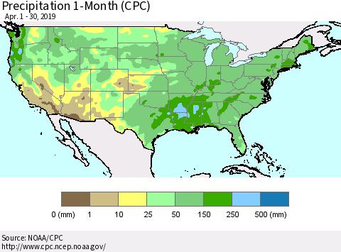 United States Precipitation 1-Month (CPC) Thematic Map For 4/1/2019 - 4/30/2019