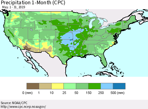 United States Precipitation 1-Month (CPC) Thematic Map For 5/1/2019 - 5/31/2019