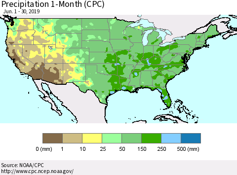 United States Precipitation 1-Month (CPC) Thematic Map For 6/1/2019 - 6/30/2019