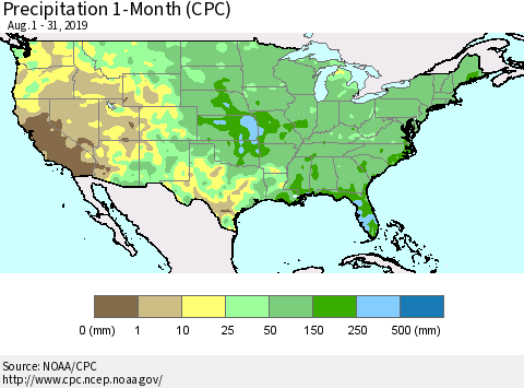 United States Precipitation 1-Month (CPC) Thematic Map For 8/1/2019 - 8/31/2019