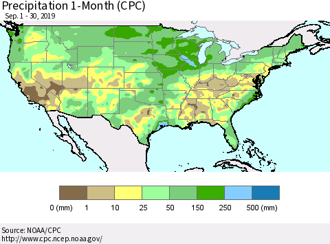 United States Precipitation 1-Month (CPC) Thematic Map For 9/1/2019 - 9/30/2019