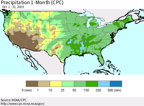 United States Precipitation 1-Month (CPC) Thematic Map For 10/1/2019 - 10/31/2019