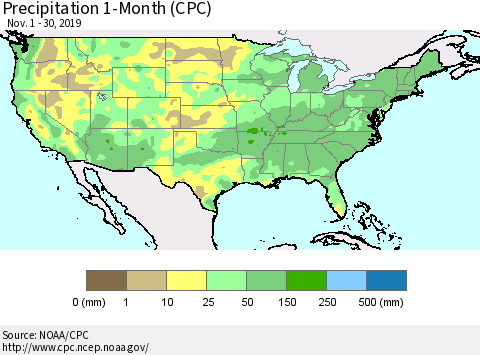 United States Precipitation 1-Month (CPC) Thematic Map For 11/1/2019 - 11/30/2019