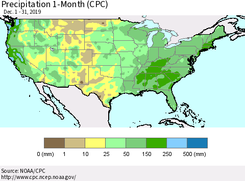 United States Precipitation 1-Month (CPC) Thematic Map For 12/1/2019 - 12/31/2019