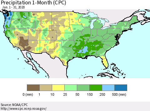 United States Precipitation 1-Month (CPC) Thematic Map For 1/1/2020 - 1/31/2020