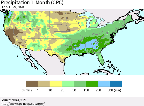 United States Precipitation 1-Month (CPC) Thematic Map For 2/1/2020 - 2/29/2020