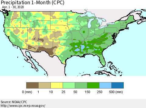 United States Precipitation 1-Month (CPC) Thematic Map For 4/1/2020 - 4/30/2020