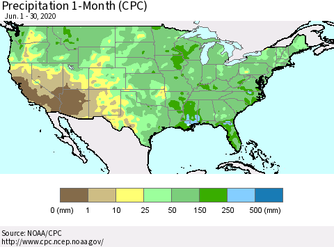 United States Precipitation 1-Month (CPC) Thematic Map For 6/1/2020 - 6/30/2020