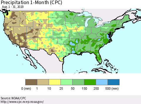 United States Precipitation 1-Month (CPC) Thematic Map For 8/1/2020 - 8/31/2020