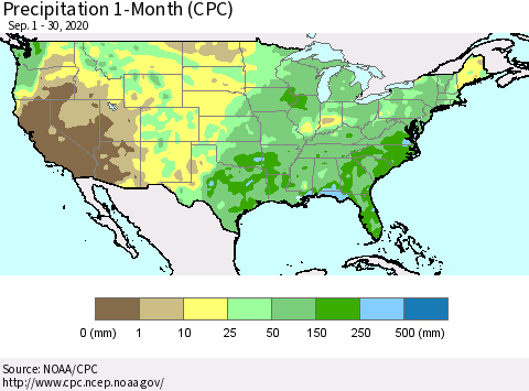 United States Precipitation 1-Month (CPC) Thematic Map For 9/1/2020 - 9/30/2020
