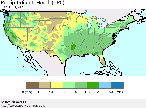 United States Precipitation 1-Month (CPC) Thematic Map For 1/1/2021 - 1/31/2021