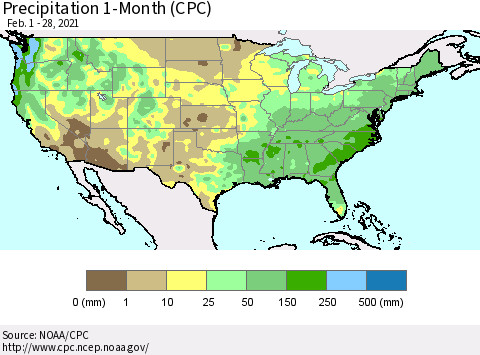United States Precipitation 1-Month (CPC) Thematic Map For 2/1/2021 - 2/28/2021