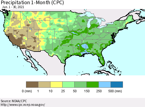United States Precipitation 1-Month (CPC) Thematic Map For 6/1/2021 - 6/30/2021
