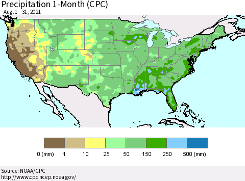 United States Precipitation 1-Month (CPC) Thematic Map For 8/1/2021 - 8/31/2021