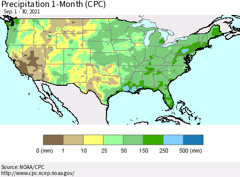 United States Precipitation 1-Month (CPC) Thematic Map For 9/1/2021 - 9/30/2021