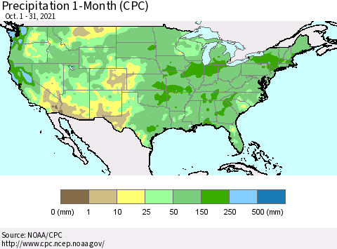 United States Precipitation 1-Month (CPC) Thematic Map For 10/1/2021 - 10/31/2021
