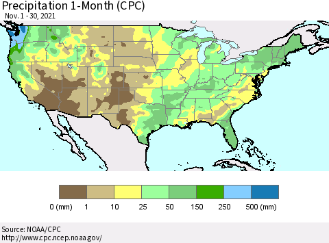 United States Precipitation 1-Month (CPC) Thematic Map For 11/1/2021 - 11/30/2021